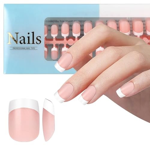 JSRQT 240Pcs Faux Ongles Français, Carrés French Press on Nails, Gel pour Faux Ongles Capsules, Faux Ongles à Coller Courts, Flase Nail Français X-Coat Tips avec Pré-appliqué DIY Nail Art(Nude)