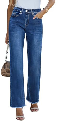 Roskiky Pantalones vaqueros de pierna recta para mujer, cintura alta, elásticos, con dobladillo crudo, holgados, informales, holgados, Azul Clásico, M