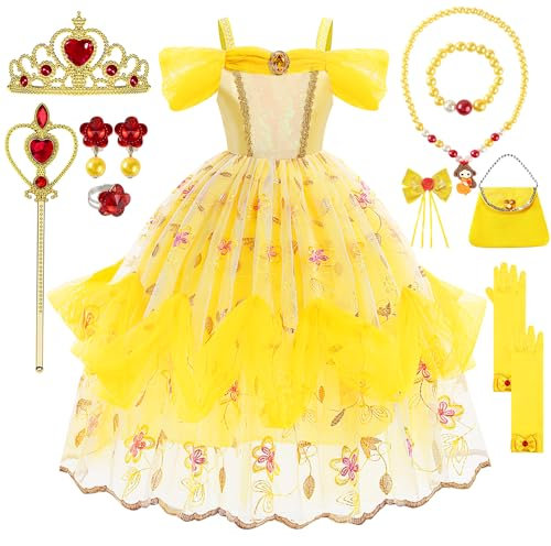TOLOYE Robe Princesse Fille, Déguisement Princesse avec Couronne, Collier, Costume Carnaval Enfant, Deguisement Princesse pour Anniversaire Noël Cosplay