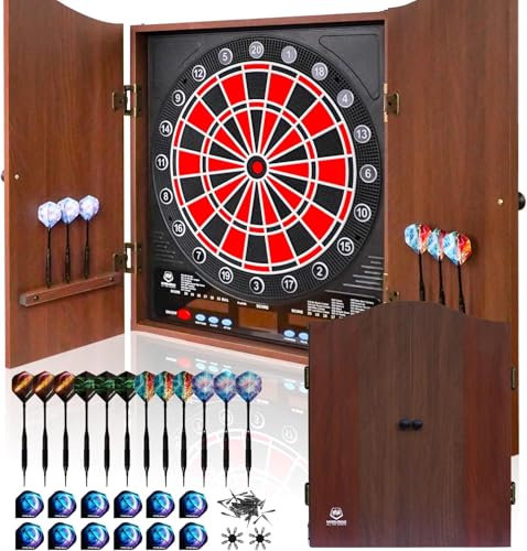 Elektronische Dartscheibe mit LED Elektrische Digitale Anzeigetafel für Erwachsene mit Massivholzschrank, Geeignet für (Brown with Light Brown, Wooden Outer Box)