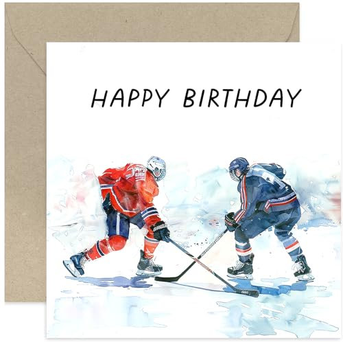 Eishockey-Geburtstagskarte für Ihn – Eishockeyspieler-Geburtstagskarte für Männer und Frauen – Sport-Grußkarte für Jungen zum Geburtstag – Neffe, Sohn, Onkel, Vater, Ehemann | Blanko-Umschlag innen