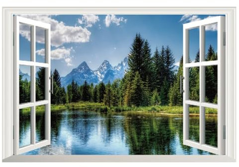 Adhesivo de pared 3D con vista de ventana falsa, paisaje de lago y montaña, calcomanía de pared para decoración del hogar, baño, sala de estar, dormitorio, lago