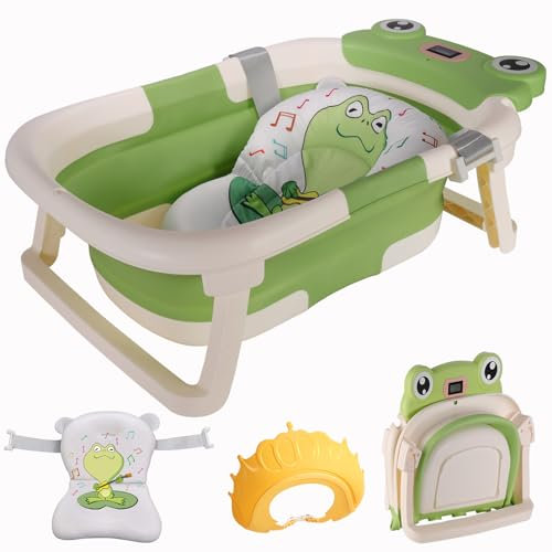 LiveGo Baignoire pliable pour bébé de 0 à 36 mois, moniteur de température en temps réel, coussin doux, portable, pieds antidérapants, trou de drainage pour une utilisation facile