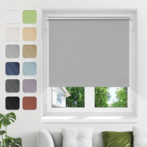 Verdunklungsrollo ohne Bohren Klemmfix, Hellgrau B95xH130cm Thermo Rollos für Fenster ohne Bohren Rollos Für Innen Verdunkelung& Sonnenschutz Seitenzugrollo Klemmrollos für Fenster