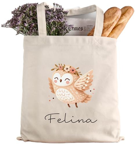 kleinebuchstaben Personalisierte Baumwolltasche Stofftasche mit Wunschname - Kinder Beutel Jutetasche Kindertasche & Wunschname - Wechselwäsche - Tragetasche Jutebeutel (Eule fliegend)