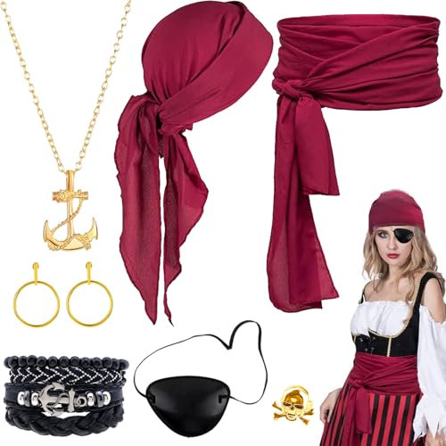 AUNGKWANG 7PCS Mittelalter Piratenkostüm Zubehör Set Damen Herren, Piraten Augenklappen Piraten Kopftuch Goldenen Totenkopfring, Ohrringe Halskette Armband für Karneval Cosplay Party