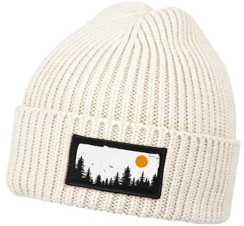 Neverless® Herren Beanie Wintermütze mit Patch Aufdruck Wald Bäume Natur Print Strickmütze Rippstrick