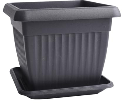B2C Terra Flower Pot with Matching Saucer Square Classic Terracotta Anthracite Plant Planter with Drain Plate traditional (Anthracite, 19cm)