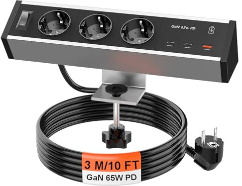 Aluminum 3 Fach Tischsteckdose mit 2 USB C GaN PD 65W und 3m Kabel, Steckdosenleiste Schreibtisch mit Schalter, Tisch Mehrfachsteckdose Klemmbar für Zuhause Büro, Silber Schwarz