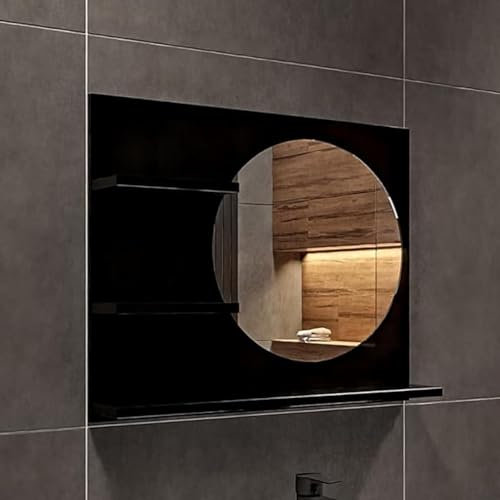 HAJDUK FURNITURE Badspiegel mit Ablage Schwarz - 60 cm x 50 cm - Spiegel Rechts - Badezimmerspiegel - Bad Spiegel Rund - Wandspiegel - Spiegelschrank Durchmesser: 40 cm