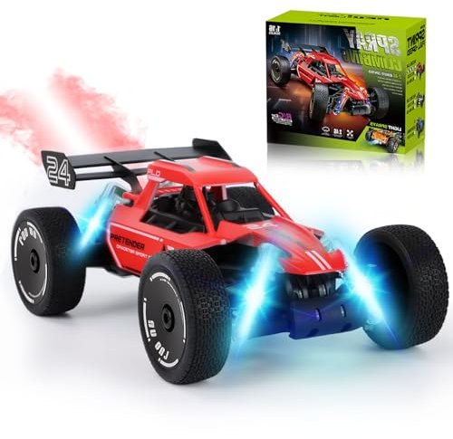 BuzzoXerex 1:18 Voiture Ttélécommandée Tout Terrain, 2.4GHz Voiture Rc avec Lumière LED Fonction de pulvérisation, 2WD 15KM/H Buggy RC Cadeau pour Enfants 6+ Ans (Rouge)