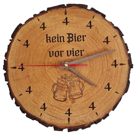 Laserdesign-Matthias Striegel Lustige Wanduhr 'Kein Bier Vor Vier' – Lautlose Erlenholz-Uhr Für Männer – Geschenke Für Männer, Deko Wohnzimmer, Wanduhr Groß Für Kneipendeko, Hobbyraum & Partykeller