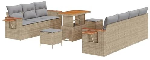 vidaXL 10-teiliges modulares Garten-Sofa-Set mit Kissen in Beige aus Poly-Rattan und einem Tisch aus Akazienholz für Garten, Terrasse, Lounge oder Balkon.