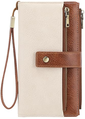 NEWIROVE Portafoglio Donna Grande, Borsellino Donna 24 Slot Per Carte Porta Carte Di Credito Protezione Rfid Portafoglio In Pelle Vintage con Cerniera E Tracolla Staccabile，Marrone & bianco
