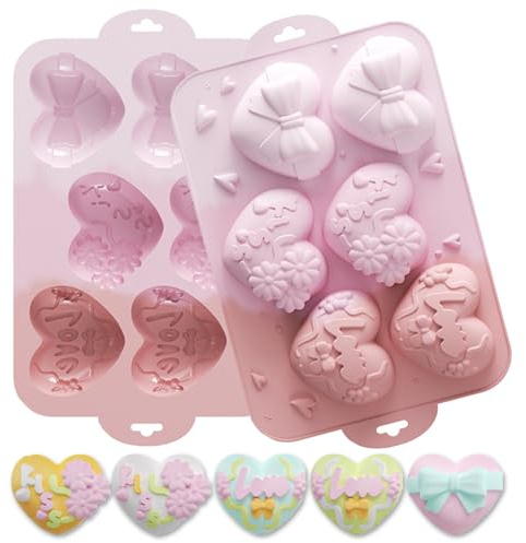 Honicemar 6 Cavities Heart Chocolate Mould, Baking DIY Tools Different Decorative Pattern Heart Mold, Non Stick Silicone Molds for Cake Chocolates Jelly Candy Ice Cream, etc, Random Color
