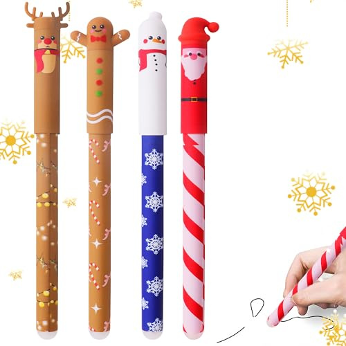 4 Stück Weihnachtsgelschreiber, Gelschreiber-Set, Schreibwaren, Schreiben Löschbare Schule Weihnachten Mädchen Tinte, Christmas School Gifts Set for Students, Kids, Colleagues (0,4 mm) (schwarz)