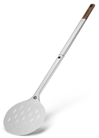 BURNHARD® Pizzawender Pizza Turning Peel rund | Perforierte Alu-Pizzaschaufel, Akazienholz-Griff, Steckmechanismus, temperaturbeständig, 95x18x1,6 cm