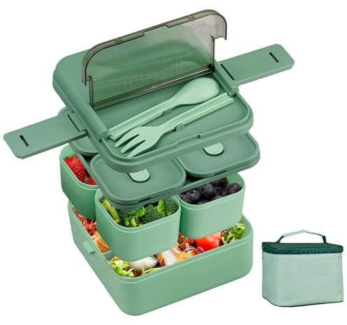Kryndle Bento Lunch Box, 1800ml Lunch Box with Compartments | 2 Layers Stackable Meal Prep Container Box with Cutlery Set and Insulated Bag, for Adults & Kids, School & Office
