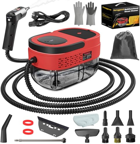 Dampfreiniger Handgerät, 2500W Handdampfreiniger mit 1,6-Liter-Wassertank, 15 Sekunden Aufheizzeit, Dampfabgabe vom Handgriff aus, 16 Zubehörteilen, Steam Cleaner für Alles, Autos (Rot)