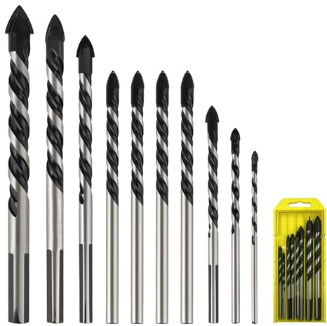 10 PCS Masonry Drill Bits Set (3mm-12mm) - Carbide Drill Bits for Concrete | Brick, Tile, Glass, Plastic & Metal | Includes 3mm，4mm，6mm*4, 8mm, 10mm, 12mm Masonry Drill Bit & Tile Drill Bit Set