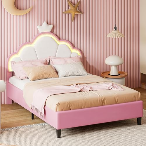 Klarheitswerk Girls Upholstered Crown Bed with RGB LED Cloud Headboard, Double Bed Frame for Kids, Adjustable Height Pink Velvet Bed,No Mattress (Double-190x135)