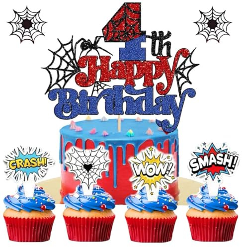 25Pcs Spider Themed (Glitter) Happy 5th Birthday Cake Topper for Spider Themed Birthday Anniversary Party Supplies，Spider Cake Happy Birthday Decoration (4th)