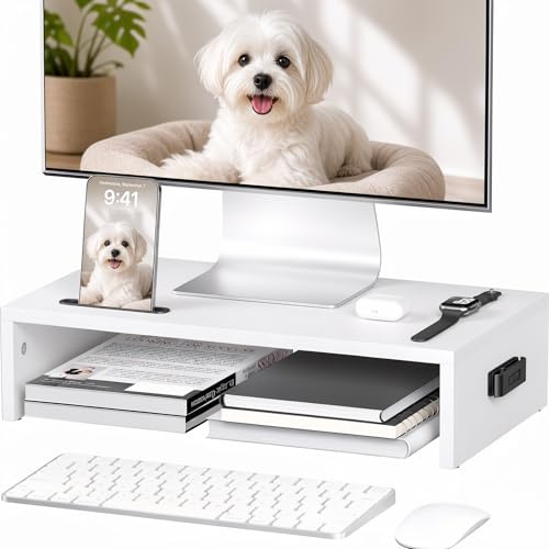 BONTEC Monitorständer 42 cm mit Handyhalter, 30kg Monitor Stand PC, Weiß | Mehr Ordnung am Schreibtisch mit Kabelführung, ideal für Laptop und Drucker im Büro, Homeoffice oder Zuhause