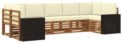 vidaXL Ecksofa Set mit Kissen 7 pcs Natur und Creme Polyester, Akazienholz Sofa für draußen, stylisches Gartenmöbel, modulares Set für Terrasse und Poolbereich