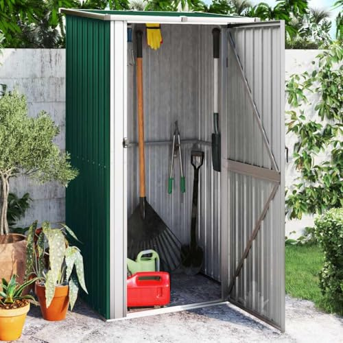 Holepyr Gartenhaus Grün 118,5x97x209,5 cm verzinkter Stahl Gartenschuppen mit abschließbarer Tür, wetterfestes Lagerhaus für Werkzeuge, Fahrräder, Rasenmäher, Grill, Möbel, Kissen, Topf, Regal