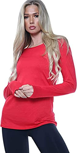 Ladies Womens Plain Long Sleeve Round Neck Top Basic T Shirt Layering Plus Sizes UK 8-18 (XL (UK 16-18), Red)