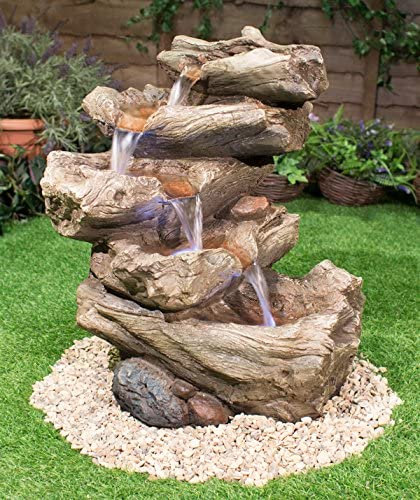 Primrose 51cm Nebraska Falls 4 Tier Log Wood Effect Garden Cascade Water Feature with LED Lights