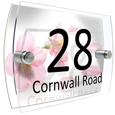 Personalised House Number Sign Printed Plaque Garden Glass Effect Acrylic Sign Door Plate Marble Wall Display 2 Part Branded Acrylic (Japanese cherry blossom and petals)