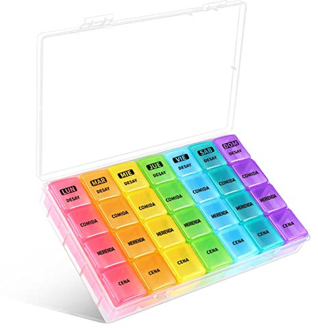 Pastillero Semanal 4 tomas Español, Opret Pastillero Diario con 28 Compartimentos, Organizador Pastillas y Dispensador Comprimidos para Viaje