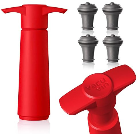 Vacu Vin Wine Saver Pump Red with Vacuum Wine Stopper - Keep Your Wine Fresh for up to 10 Days - 1 Pump 4 Stoppers - Reusable - Made in the Netherlands
