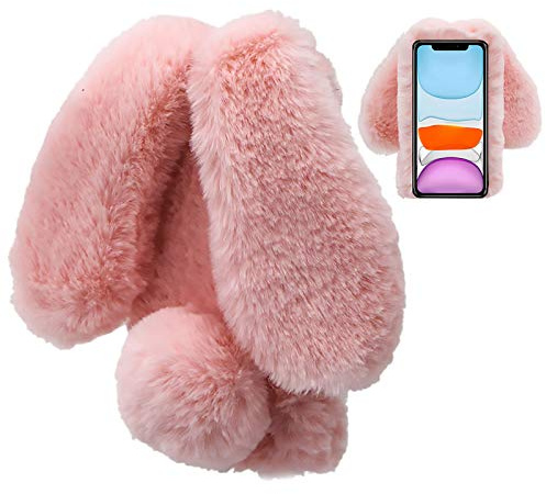 LCHDA Plush Case for iPhone 13 Mini 5.4 Inch Fluffy Rabbit Fur Cute Rabbit Ears Girls Cute Mobile Phone Case Shockproof Protective TPU Silicone Case Pink