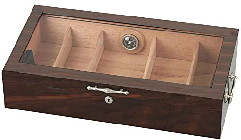 Humidor Walnut Dekor/Sichtfenster für ca. 150 Zigarren H17 x B55 x T27cm mit Schlos 2 Griffe Hygrometer 2 Acrylpolymer-Befeuchter 4 verstellbare Trennleisten