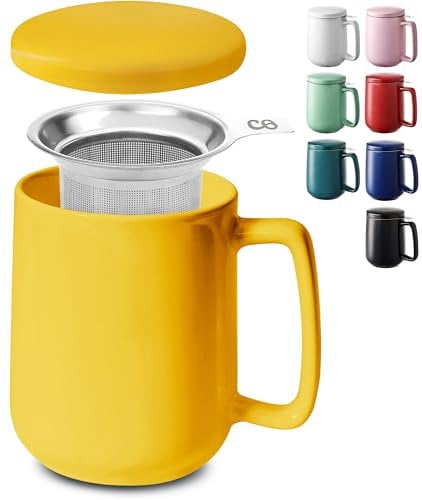 Cosumy Teetasse mit Sieb und Deckel - Keramik Gelb - Hält Lange warm - 500ml XXL Groß - Spülmaschinenfest