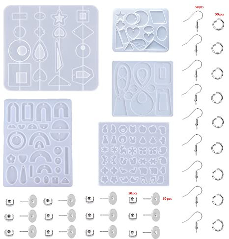 BOSOIRSOU 205 Stück Harz Schmuckformen und Ohrringhaken, Silikon-Anhängerformen Ohrstecker Formen Armband Halskette Schmuckherstellung Kits Epoxid-Gießformen, mit Ohrringhaken Biegering