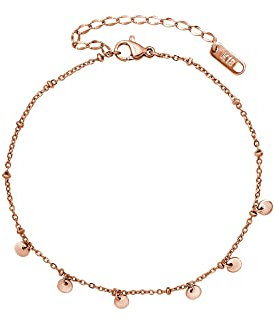 VICKWOOD Fußkettchen Edelstahl Layer Silber/Gold/Rose Gold 18K vergoldete von 21 cm / 23 cm / 25 cm bis 30 cm verstellbar nickelfrei für Frauen (Coin-RoseGold)