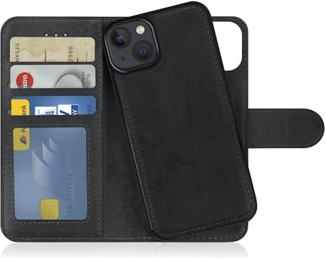 MyGadget Flip Case für iPhone 14 - [ abnehmbare Magnet Hülle ] - Handyhülle aus Kunstleder - [ Klapphülle mit Kartenfach ] Schutzhülle in Grau Schwarz