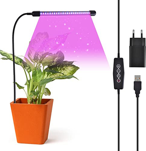 iZELL 48 LED Pflanzenlampe mit USB-Ladegerät - 【4/8/ 12H Zeitschaltuhr und 5 Helligkeitsstufen】 Grow Light mit 30cm Flexiblem Schwanenhals, Vollspektrum Pflanzenlicht für Kleine Pflanzen