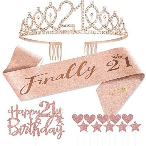 Jonvell 21.Geburtstag Schärpe und Tiara für Mädchen,Roségold Geburtstag Schärpe und Krone 21. Geburtstag Mädchen Geschenke für 21. Geburtstagsparty Deko