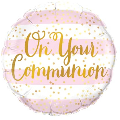 Qualatex 13439 On Your Communion Pink Stripes 18 Round Shaped Foil Balloon