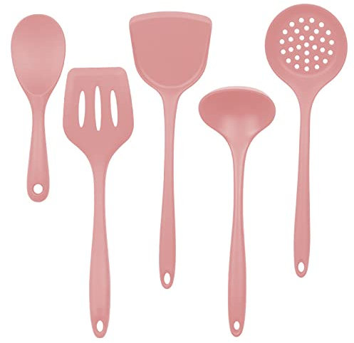Juego de utensilios de cocina de silicona no pegajosa, espátula, pala, sopa, utensilios de cocina, juego de 5 piezas, color rosa