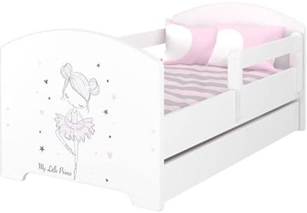 iGLOBAL Kinderbett Jugendbett mit Lattenrost und Matratze, eine Unterbett-Schublade mit Rollen, Rausfallschutz Kinderbetten für Mädchen und Junge (Ballerina, 140x70 cm)