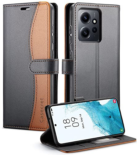 Casecret Handyhülle für Xiaomi Redmi Note 12 4G Hülle Premium Leder Klappbar Flip Case Wallet Magnet Magnetisch Kartenfach Klapphülle RFID Schutzhülle Lederhülle für Redmi Note 12 4G Schwarz und Braun