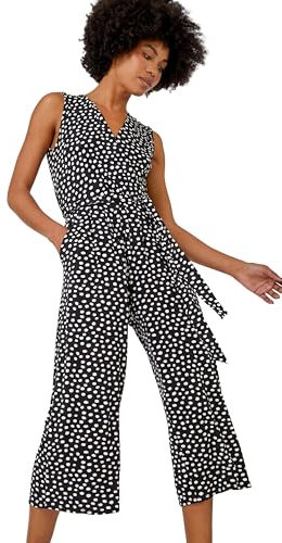 Roman Stretch Wrap Jumpsuit for Women UK Ladies Wide Leg Culotte Summer Spring Everyday Holiday V-Neckline Soft Evening Vacation Work Cocktail Party Going Out - Spot Noir - Size 18