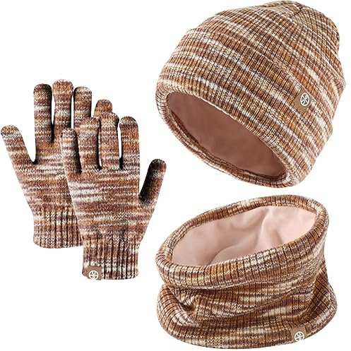 Winter Beanie Hut, Schal, Handschuhe Set,Kinder Wintermütze Schal Handschuhe Set, Mütze Warme Beanie Hut Jungen Touchscreen Handschuhe Runder Schal Set für 5-12 Jahre (Braun-Mischung)
