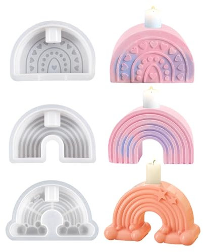Silikonform Kerzenhalter LEAFS 3 Stück Regenbogen Silikon Gießform Regenbogenbrücken DIY Gießform Kerzenhalter mit 6 Tropfer und 6 Rührer für Handgemachte Kerze Handwerk Hausdekorationen