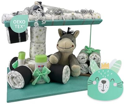 Windeltorte ® Baustelle Kran [KUSCHELIGES PLÜSCHTIER] - Jungen & Mädchen - Neutral Unisex - Geschenk zur Geburt - Babyparty - Baby - Babyshower - Pullerparty - Babyartikel - Babyartikel - Windeln